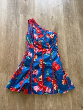 hutch blue red floral print one shoulder flared A-line mini sun dress small NEW
